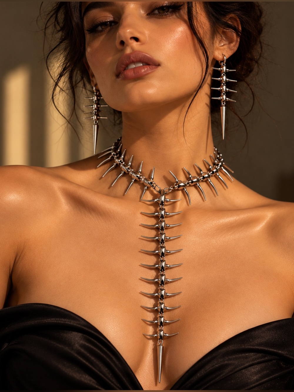 Sculptural Silver Spike Choker and Matching Earrings Set